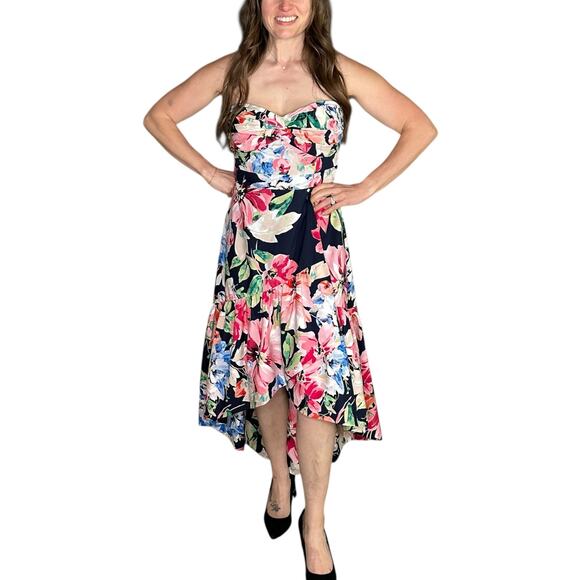 ELIZA J Blue Pink Floral Strapless Midi Dress Women's Size 8 Preppy Colorful - Picture 1 of 6
